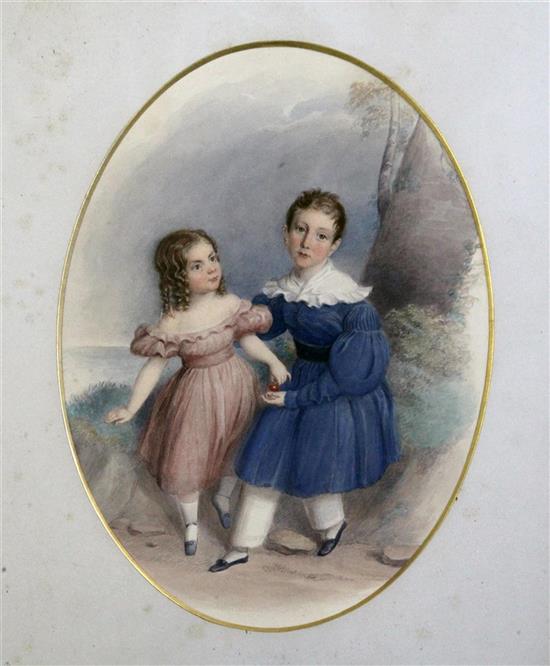 Early Victorian School Portrait of a brother and sister oval, 10 x 7.5in.